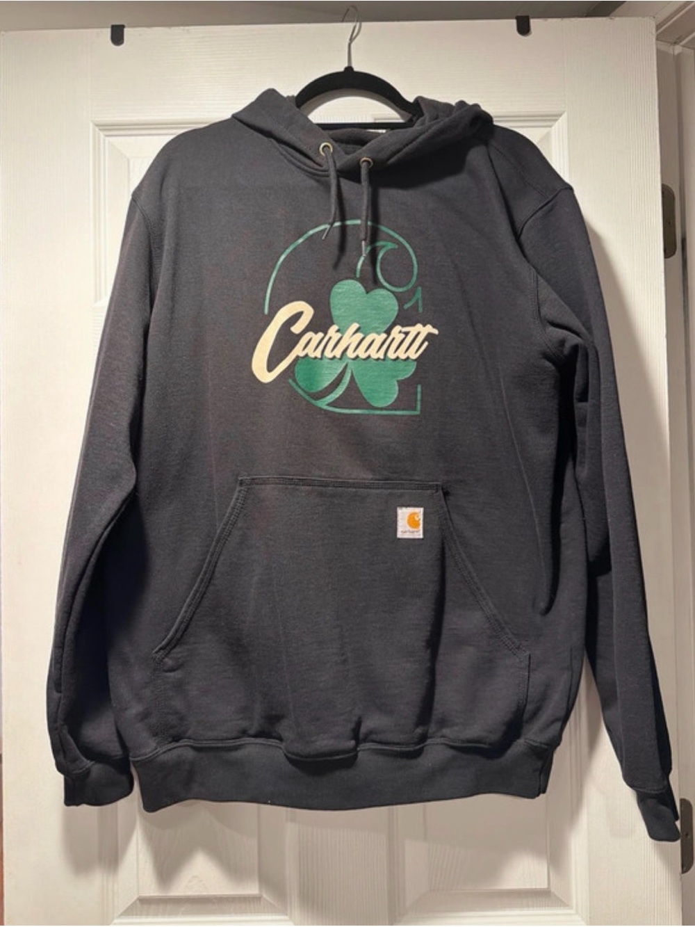Carhartt Black Pullover Hoodie with Green and Cream Logo